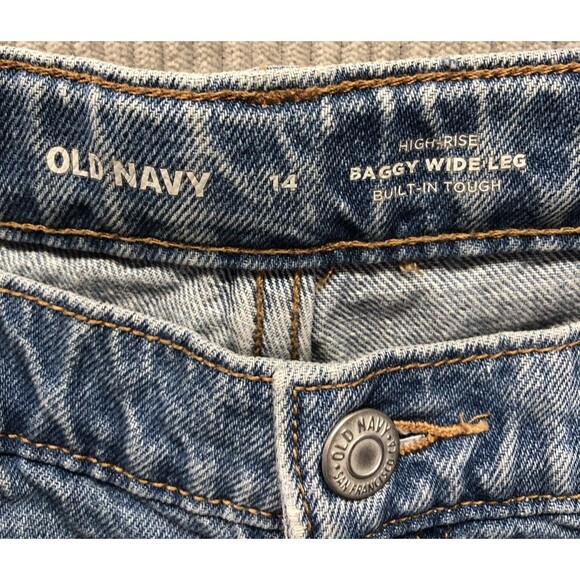 Old Navy Unisex Denim Jeans Size 14 Baggy Wide Leg Built In Tough Cargo Pocket - Picture 4 of 16